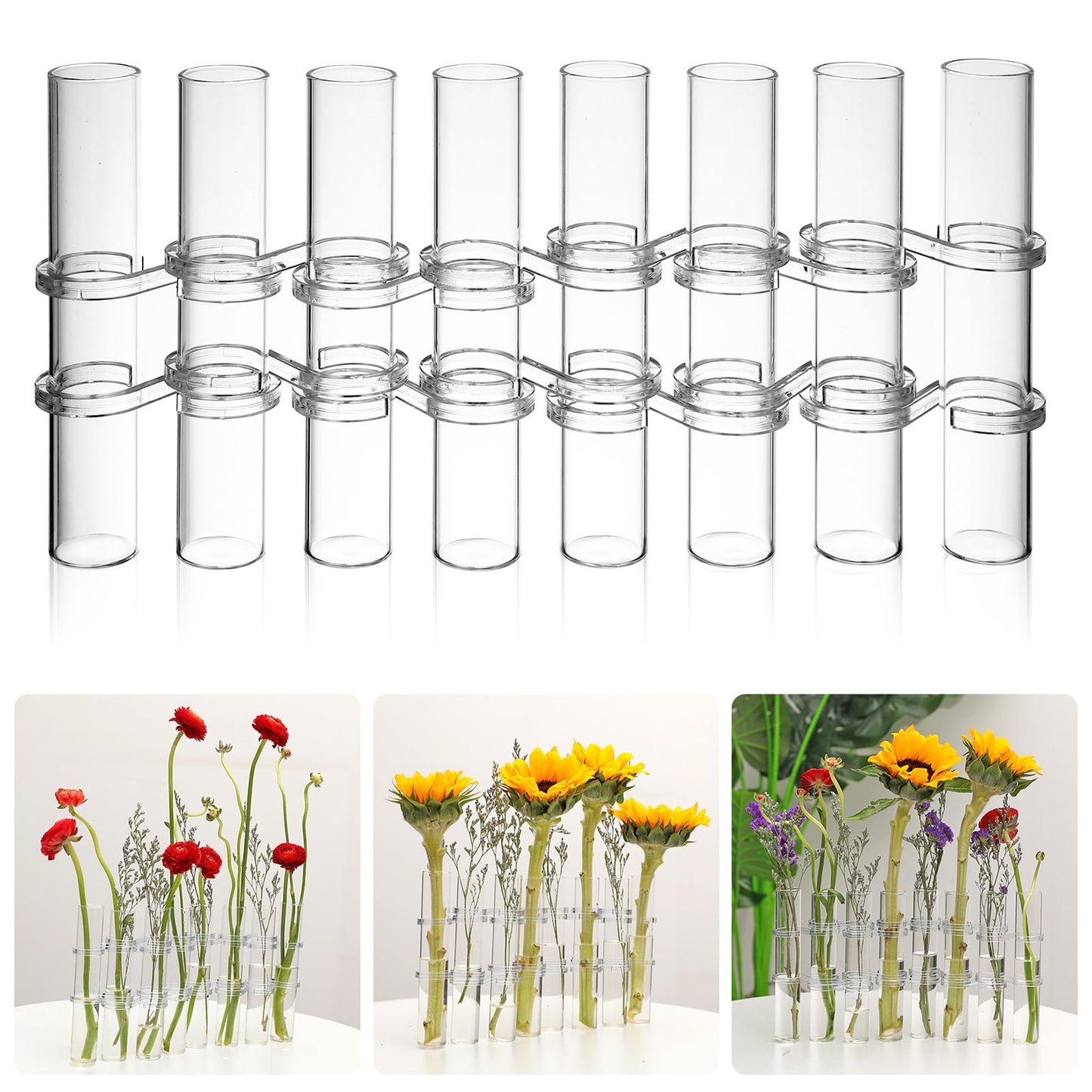 Cabilock Transparent Hydroponic Tube Vase with 8 Test Tubes and S Shape Hooks Glass Flower Arranging Container for Home and Garden D Cor 6 Inch Borosilicate Glass