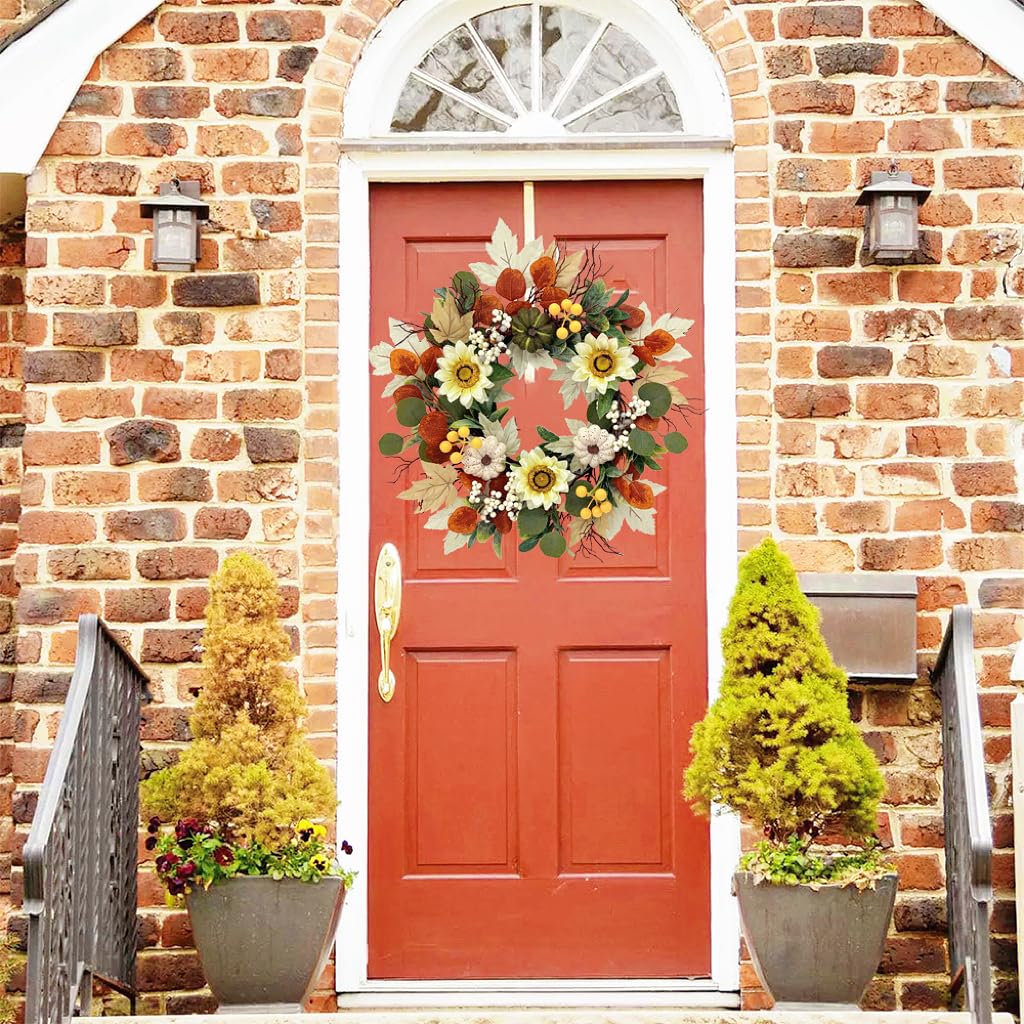20 Inch Fall Sunflower Wreath for Front Door, Artificial Autumn Wreath with Pumpkins, Berries, White Sunflowers and Silk Leaves for Thanksgiving Farmhouse Home Window Wall Office Indoor Outdoor Decor