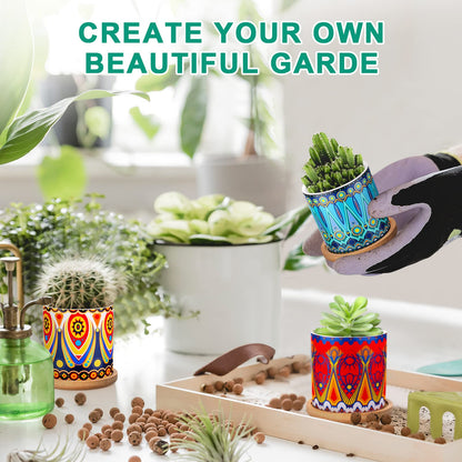 Zopeal 8 Pcs 3 Inch Succulent Planter Pot Ceramic Cactus Pots with Drainage Holes and Bamboo Trays for Indoor Plants Flowers for Home Garden Mexican Party Decor