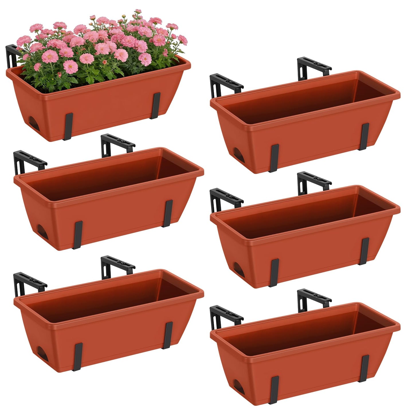 CADUKE 6 PCS Railing Planter Boxes, Planter Boxes with Adjustable Bracket, 17 Inch Deck Rail Planters for Outdoor Plants, Flower Pots for Balcony Garden Decor, Red