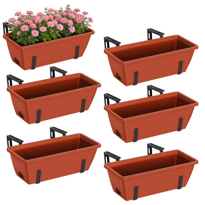 CADUKE 6 PCS Railing Planter Boxes, Planter Boxes with Adjustable Bracket, 17 Inch Deck Rail Planters for Outdoor Plants, Flower Pots for Balcony Garden Decor, Red