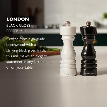 Cole & Mason London Refillable Spice Mill - Kitchen & Home Accessory - Table Black Pepper Grinder - Pepper Mill with Carbon Steel Mechanism - 7", Black Gloss