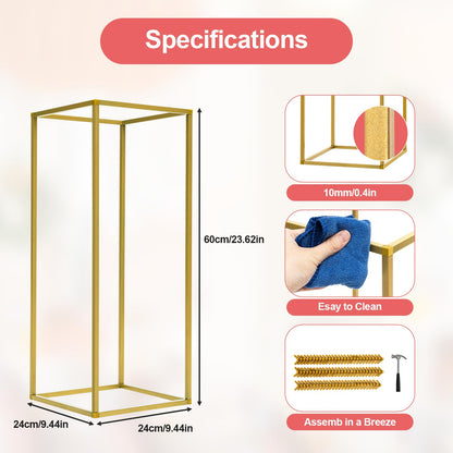 10 Pack 23.6 Inch Gold Wedding Flower Stand Metal Vase Column Stand Geometric Centerpiece Vase for Home Party Wedding Decorations, Rectangular Flower Display Rack