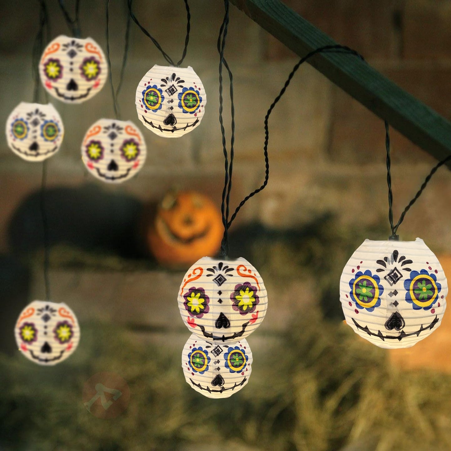 Abeja Halloween White Lantern String Lights, 8.5Ft Grimace White Nylon Lantern Lights with 10 Mini LED Bulbs, Halloween Outdoors String Light for Garden Home Party