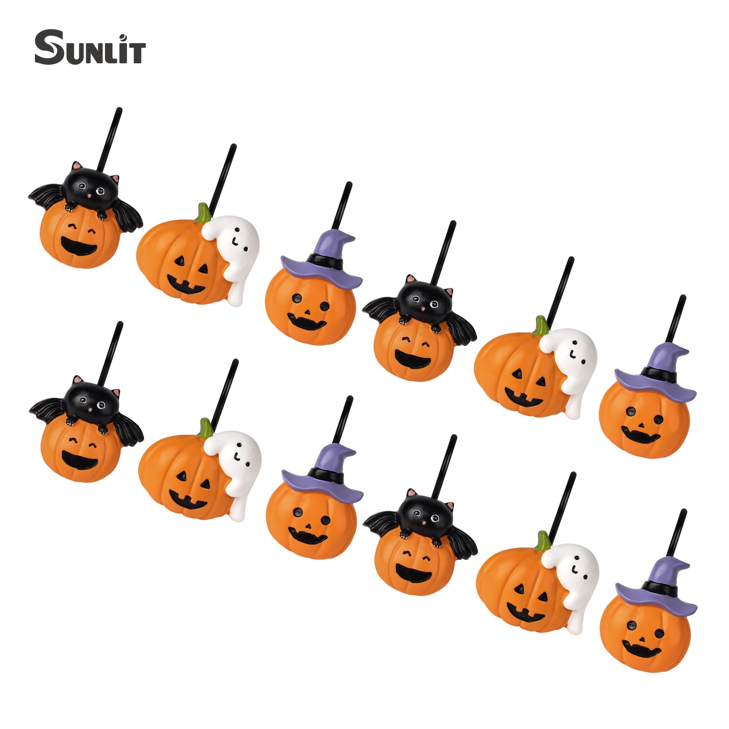 Sunlit Halloween Jack-O'-Lantern Shower Curtain Hooks, Home Decorative Ghost Shower Curtain Rings for Bathroom, Cat Shower Curtain Hangers Bathroom Accessories, Set of 12