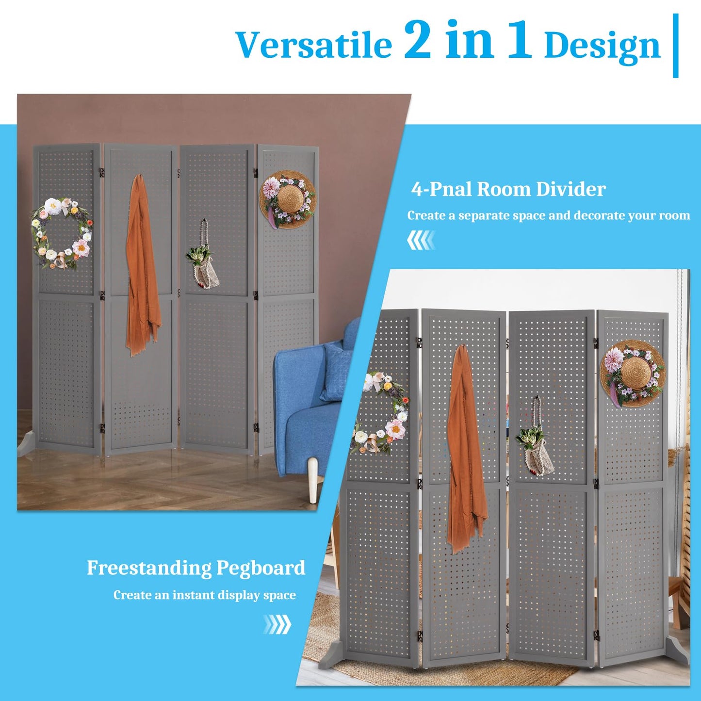 Bonnlo 4 Panel Pegboard Freestanding, 5 FT Portable Display Board Organizer for Craft Show Jewelry, Wooden Folding Privacy Screen Room Divider (with Base, Grey)