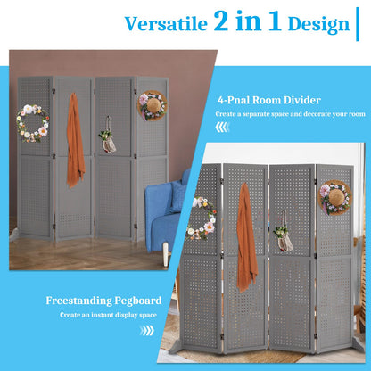 Bonnlo 4 Panel Pegboard Freestanding, 5 FT Portable Display Board Organizer for Craft Show Jewelry, Wooden Folding Privacy Screen Room Divider (with Base, Grey)
