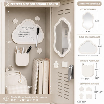 Svartur Magnetic Locker Accessories Set - Locker Mirror, Dry Erase Whiteboard, Magnetic Pen Holder & Cute Magnets, Aesthetic School Locker Decor for Girls, Locker Organizer Kit, White