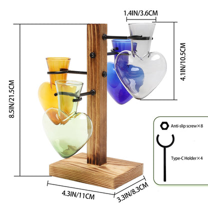 CYZglass Plant Terrarium Propagation Stations with Wooden Stand, Glass Vase for Indoor Hydroponics Home Garden Office Decoration Gift for Women - 4 Love Bulb Vase