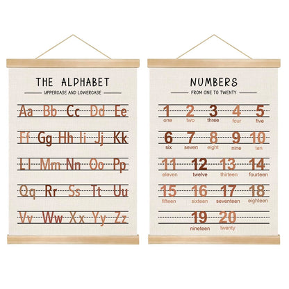 Alphabet and Numbers Wall Chart Set of 2 ,Nursery Educational Canvas Posters,Alphabet and 1-20 Number Learning Banners for Toddlers, Preschool Classroom, Homeschool, Playroom,Kids Room Decor 14 x 18.5 Inch (Brown)