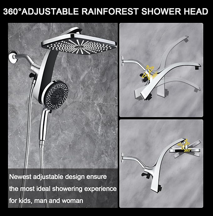 BOZYBO Rain Shower Head with Handheld: High Pressure Shower Heads with Handheld Spray Combo, 12" Rainfall Shower Head and 9 Sprays Hand Showerheads with Magnetic Docking and Power Jets, Chrome 1.8GPM