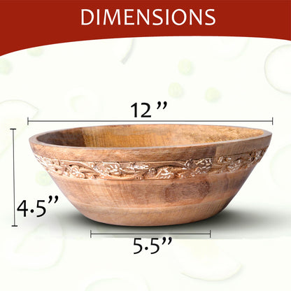 Mela Artisans 12 in Wide x 4.5 in Tall Jasmine Mango Wood Bowl – Hand-Carved Decorative Serving and Fruit Bowl with Whitewash Finish for Kitchen Counter, Salad, Bread and Home Decor