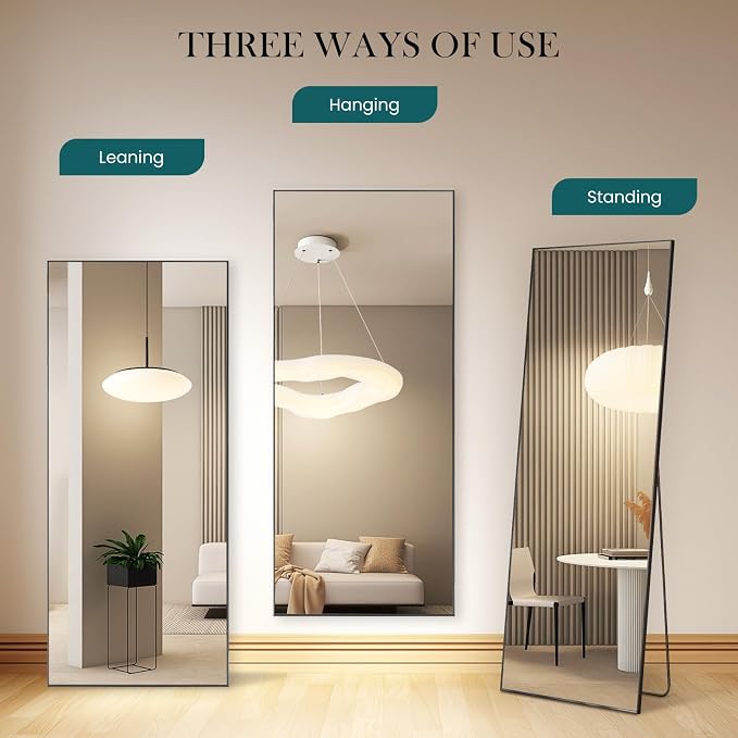 NEWBULIG Mirror Full Length, 64"x21" Body Wall Mirrors with Shatter-Proof Glass, Upgraded Floor Standing Mirror, Hanging or Leaning, with Stand Aluminum Alloy Frame for Home Decor, Bedroom, Black