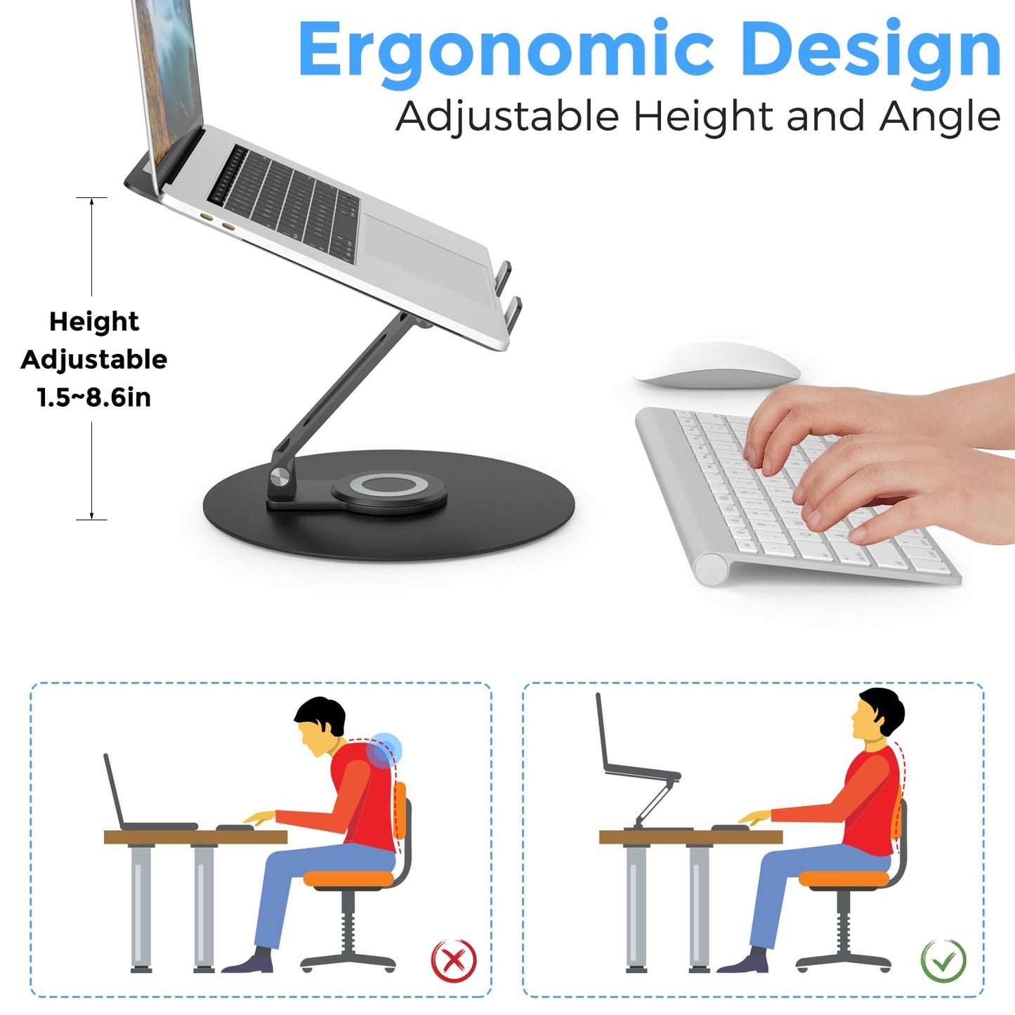 Swivel Laptop Stand for Desk, Adjustable Height Aluminum Computer Stand with 360 Rotating Base, Foldable Ergonomic Riser, Portable Laptop Holder Compatible with MacBook, All Laptops 10-17'', Black