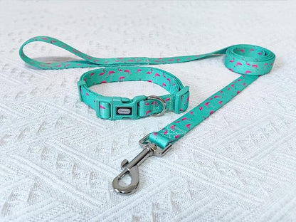 Dog Collar Leash Set, Flamingo Pattern, Polyester Material, Adjustable Collar and 5ft Matching Leash, for Puppy Dogs.(XS, Green Flamingo)