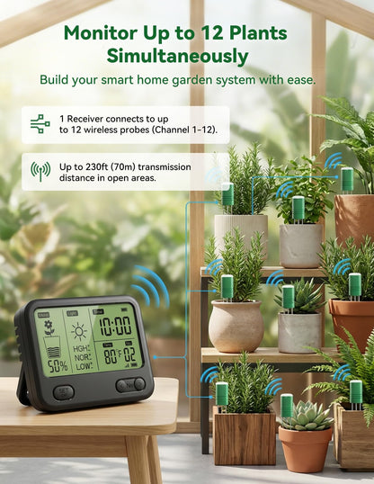Nexuslab Wireless Soil Moisture Meter with LCD Receiver – 3‑Probe 3‑in‑1 Sensor (Moisture, Temperature, Light), 230 ft RF Range, Waterproof, Long Battery Life for Indoor/Outdoor Plants and Gardens