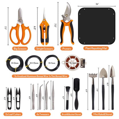 Bonsai Tools Kit 20 Pcs Garden Tools Set for Beginner, Gardening Gift for Women Men, Includes Bonsai Wire Kit, Plant Mat, Pruning Shears, Bonsai Scissors, Succulent Tools in Leather Storage Bag