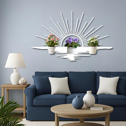 Glethua Sunrise Metal Wall Mount Plant Holder, Sun Wall Plant Holder, Sunshine Metal Hanging Planter for Living Room, Kitchen, Bathroom (Black, 59"x 35"| 150x89cm, 4 Pack 4" Flower Pot Holder Ring)