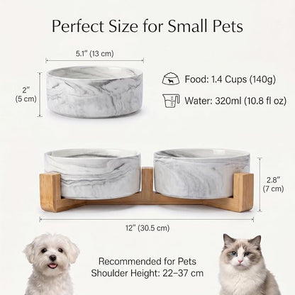 Ceramic Dog Bowls with Non-Slip Bamboo Stand - Dog Food and Water Bowl Set Ideal for Cats and Small Dogs - Double 5.1" Pet Dishes, Each Feeder Holds 1.4 Cups / 10.8 fl oz - Black Marble
