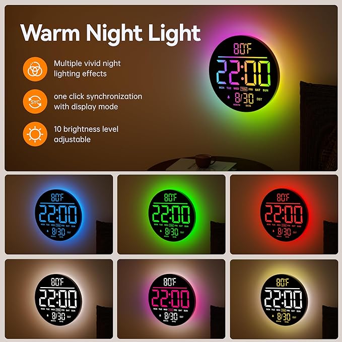 JALL 10" Large Digital Wall Clock with Seconds, Alarm Countdown Timer, Big LED Display, RGB Color, DST, Temperature, Mounted for Bedroom Living Room Office Classroom Gym, Xmas Birthday Gift, Blue