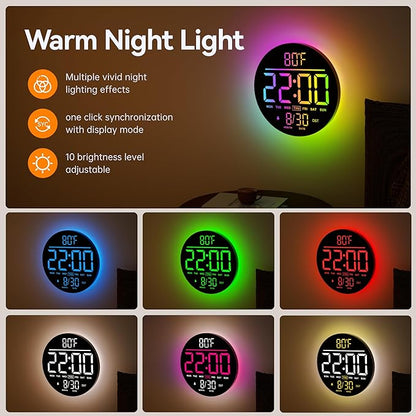 JALL 10" Large Digital Wall Clock with Seconds, Alarm Countdown Timer, Big LED Display, RGB Color, DST, Temperature, Mounted for Bedroom Living Room Office Classroom Gym, Xmas Birthday Gift, Blue