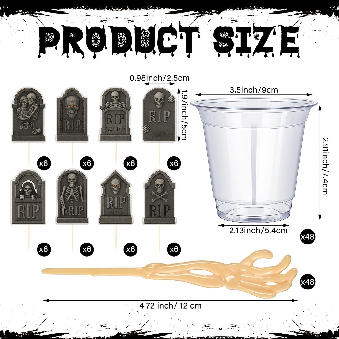 Honeydak 48 Set DIY Halloween Dirt Cups for Party Halloween Skeleton Hand Decorations Graveyard Tombstone Cake Toppers with Horror Zombie Hands Plastic Dessert Cups for Ghost Party(9 oz,Zombie Hands)