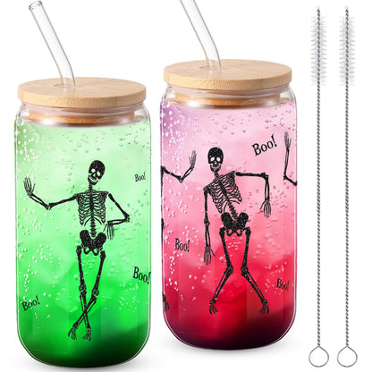 Zhehao Set of 2 16 oz Summer Halloween Skeleton Glass Cups with Lids Straws and Cleaning Brush, Skeleton Iced Coffee Cup Drinking Glasses Tumbler for Halloween Gifts Boo Basket Stuffers