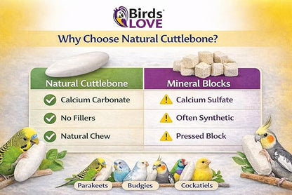 Birds LOVE 3.5-4″ Cuttlebones for Birds – 100% Natural Sun-Dried Calcium Carbonate Mineral Supplement – for Parakeets, Budgies, Cockatiels, Finches & Canaries – 4 lb with Holder – Made in Vietnam