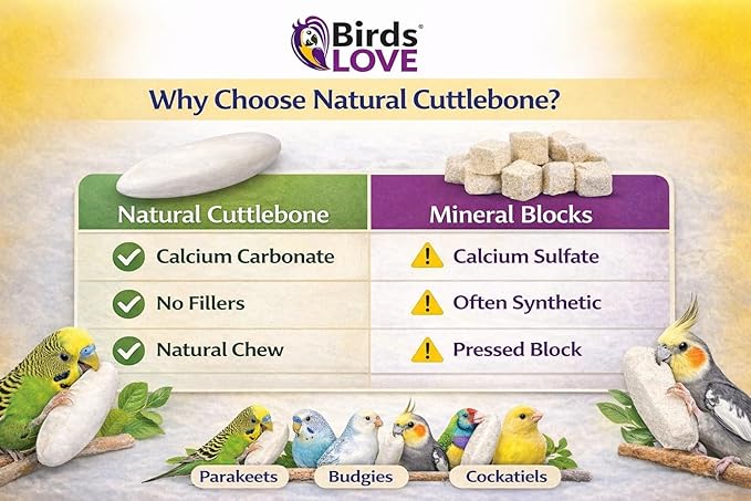 Birds LOVE 7.5-8" Cuttlebone for Birds – 100% Natural Sun-Dried Calcium Carbonate Mineral Supplement – for Parakeets, Budgies, Cockatiels, Finches & Canaries – 6 Pack with Holder – Made in Vietnam
