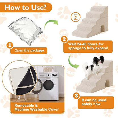 Dog Stairs for Bed 23’’ H, 5-Step Dog Steps for High Bed, Foldable Pet Stairs for Small Dogs and Cats to Get on Beds, Couch, Non-Slip Balanced Pet Steps and Ramp with Waterproof Cover, Beige