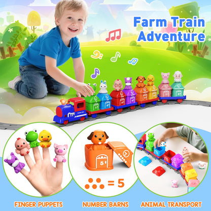 Cmiolacuna Train Set for Toddlers 2-4, Electric Toddler Train Set with Farm Animals, Music & Lights, Montessori Counting & Sorting Learning Toy, Birthday Easter for Boys Girls (Blue)