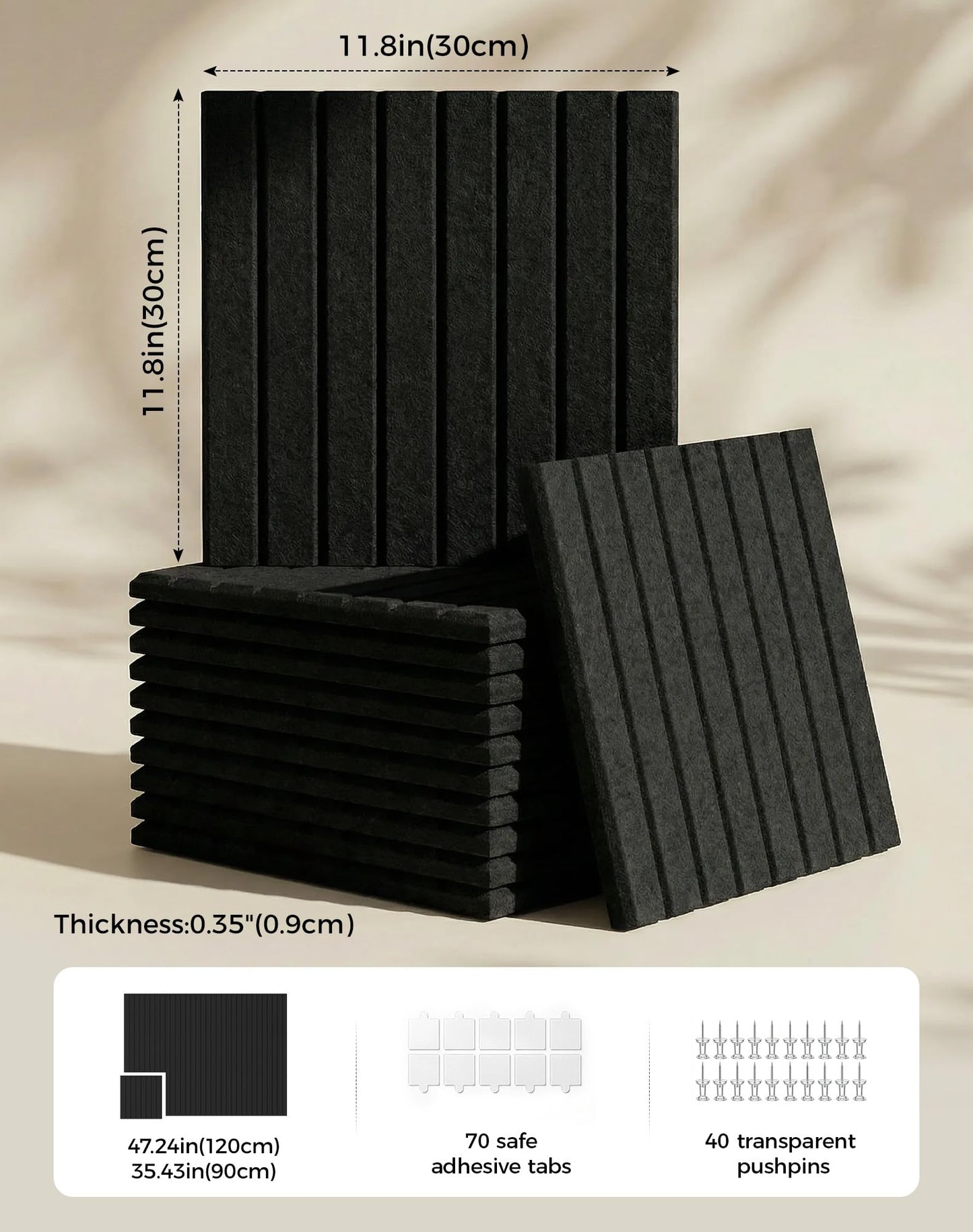 Aothia 12-Pack Felt Bulletin Board Tiles 48"x36", Modular Pin Board for Smooth Walls, Cork Board Alternative for Notes & Photos, 0.35" Thick, 70 Adhesive Tabs & 40 Pins, Black