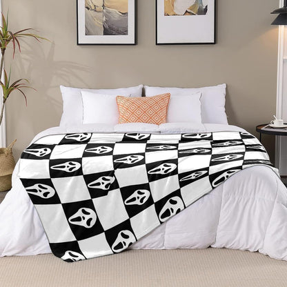 YWZDS Spooky Face Throw Blanket, Black and White Checkered Pattern, Halloween Ghost Blankets Fuzzy Gifts for Sofa Couch Bedroom (40 * 50 inch)