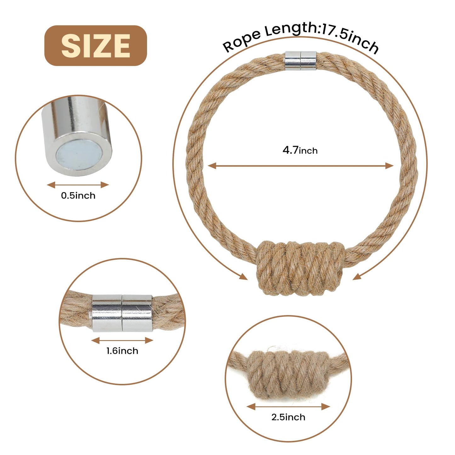 Magnetic Curtain Tiebacks, Decorative Jute Curtain Holdbacks for Draperies, Elegant Hand Weave Rope Knot Curtain Tie Backs, Boho Curtain Tiebacks for Home Office Bedroom Decor(Jute,4Pack)