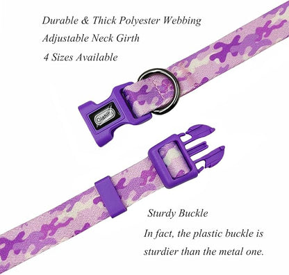 Dog Collar Leash Set, Camouflage Pattern, Polyester Material, Adjustable Collar and 5ft Matching Leash, for Small Dogs.(S, Purple Camo)