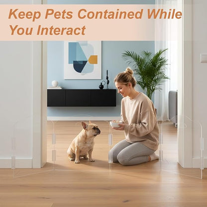 Transparent Acrylic Dog Gate Indoor, Free-Standing Pet Gate, 16" Height (Size S) Foldable 6 Modular Panels, Dog Fence for Doorways, Hallways, Stairs, No Drilling, Perfect for Puppies and Small Pets