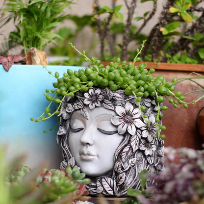 YOYLMAL Floral Face Planter Pot, 5.9” Resin Women's Head Succulent Planter for Indoor Outdoor Plants, Unique Flower Pot with Drainage Hole, Gifts for Women Mom