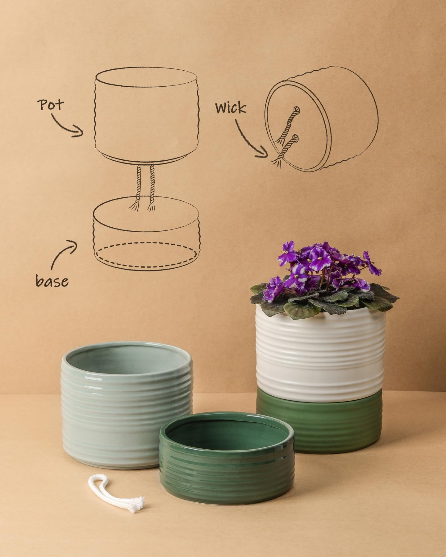 Fayoula Self Watering Pots for Indoor Plants, 6 Inch Ceramic Self Watering Plant Pot, Planter Pot with Wick Rope and Drainage Hole for African Violet Succulent Herbs (Green Light)