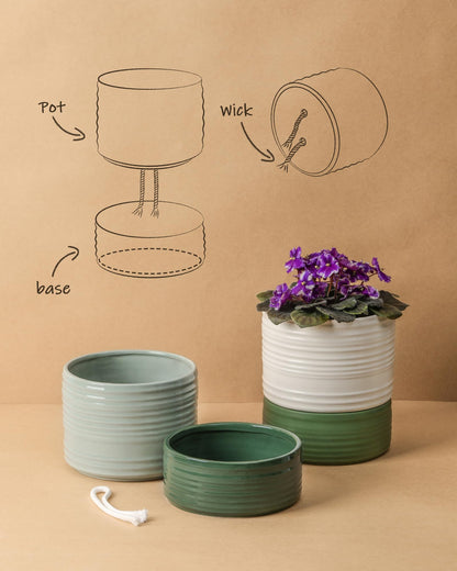 Fayoula Self Watering Pots for Indoor Plants, 6 Inch Ceramic Self Watering Plant Pot, Planter Pot with Wick Rope and Drainage Hole for African Violet Succulent Herbs (Green Light)