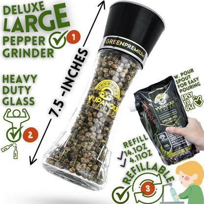 YUPANQUI Green Peppercorn Grinder with Green Peppercorns Refillable 2.1oz Green Peppercorns Organic for Italian French Thai Cuisine Gourmet Pepper Grinder with Fresh Citrus and Herbal Notes