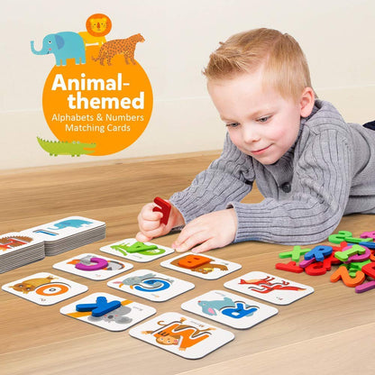 Coogam Numbers and Alphabets Flash Cards Set - ABC Wooden Letters and Numbers Animal Pattern Board Matching Puzzle Game Montessori Educational Learning Toys Gift for Preschool Kids Age 3 4 5 Years