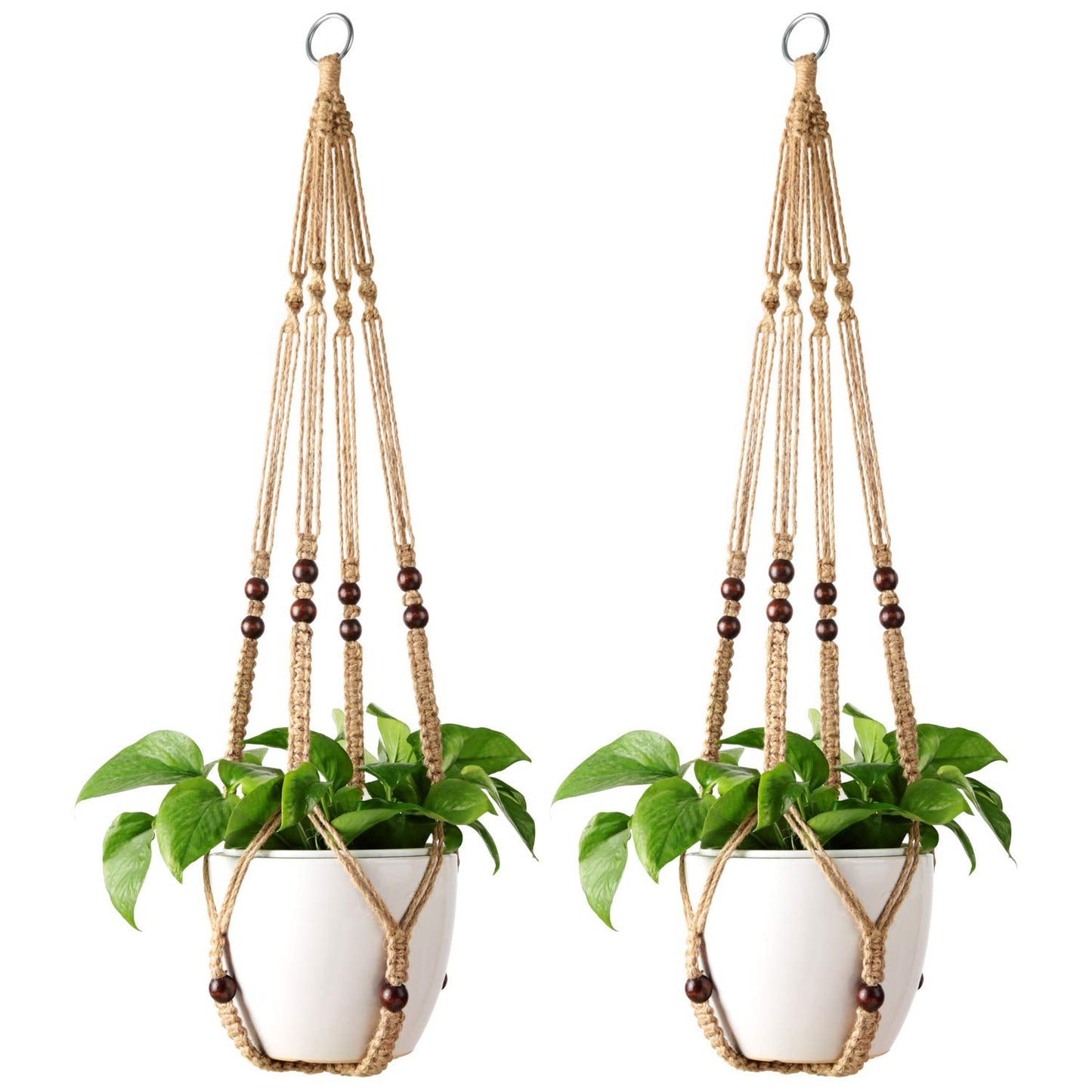Mkono Macrame Plant Hangers Indoor Jute Hanging Planter Basket and Ceiling Hooks, Wood Beads Decorative Flower Pot Holder for Indoor Outdoor Boho Home Decor,Brown，Set of 2