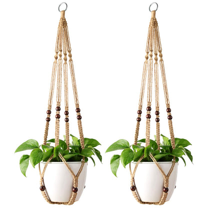 Mkono Macrame Plant Hangers Indoor Jute Hanging Planter Basket and Ceiling Hooks, Wood Beads Decorative Flower Pot Holder for Indoor Outdoor Boho Home Decor,Brown，Set of 2