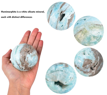 AMOYSTONE Blue Hemimorphite Orb 2.4-2.8" Spiritual Energy Stone Sphere with Wood Stand