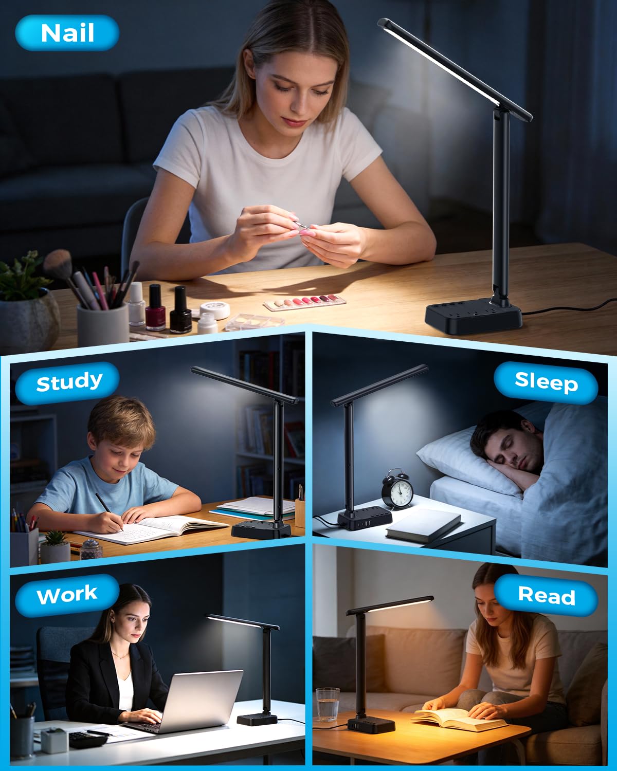 LED Desk Lamp with Power Strip, 3 AC Outlets & 4 USB Ports (2 USB-C), Stepless Dimming & 2800K-6500K Eye-Caring Desk Light, Foldable Table Lamp with 5FT Cord for Home Office, Dorm Room Essentials