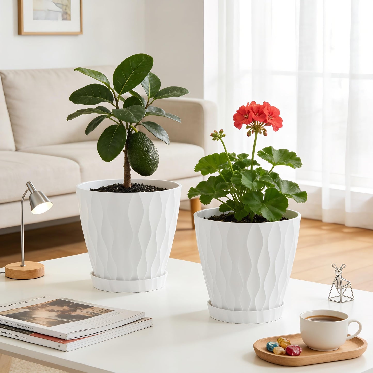 UOUZ 8 Inch Plant Pots, 2 Pack Plastic Planters for Indoor Outdoor with Drainage Holes & Saucers, Waffle Texture Flower Pots for Indoor Plants, Indoor Plant Pots for Monstera, Fiddle Leaf Fig, White