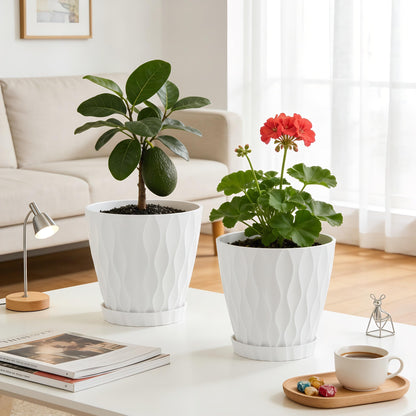 UOUZ 8 Inch Plant Pots, 2 Pack Plastic Planters for Indoor Outdoor with Drainage Holes & Saucers, Waffle Texture Flower Pots for Indoor Plants, Indoor Plant Pots for Monstera, Fiddle Leaf Fig, White