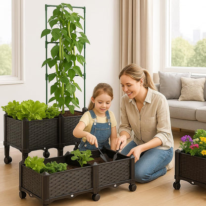 Sherbo Raised Garden Bed Planter Box on Wheels with Trellis, Rattan Style Raised Planter for Outdoor Plants, Compact Mobile Planter Box for Patio or Balcony