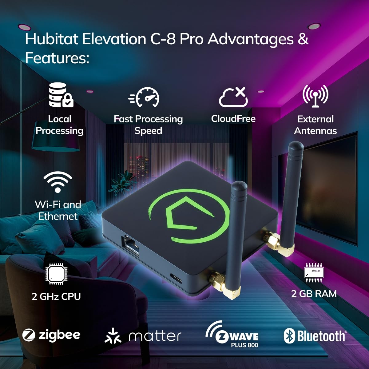 Hubitat Elevation C-8 Pro Smart Home Hub – Latest Platform Updates – Matter 1.5, Z-Wave 800 LR, Zigbee 3.0 & Bluetooth – Works with Ring, Alexa, Apple HomeKit & Google Home – Local Control (No Cloud)