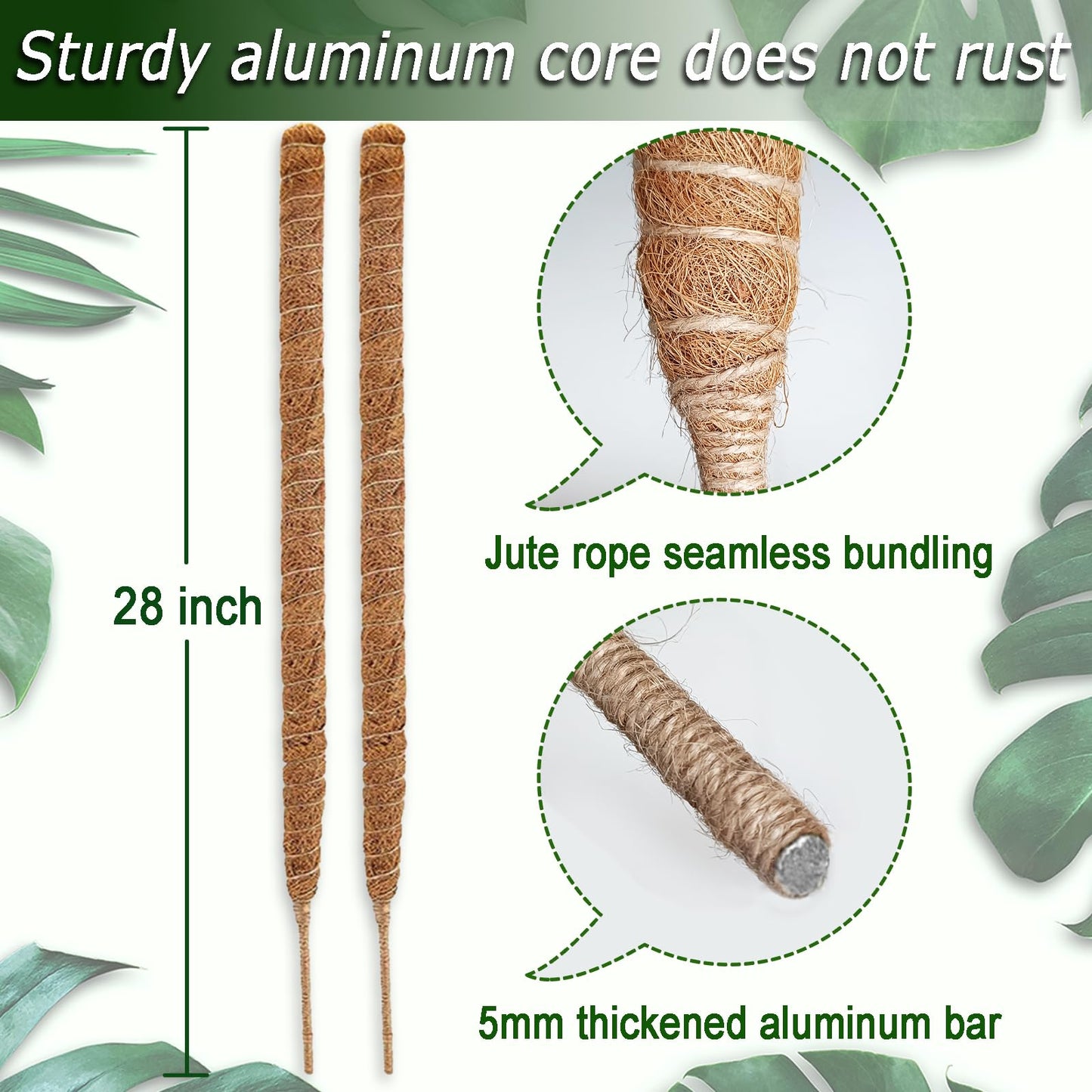 Soupiar 2-Pack 28" Bendable Moss Pole for Monstera, Rust-Free Aluminum Core Plant Support Stakes, Sturdy Stakes to Train & Grow Indoor Climbing Plants Upright (13.2ft Jute Rope Included)